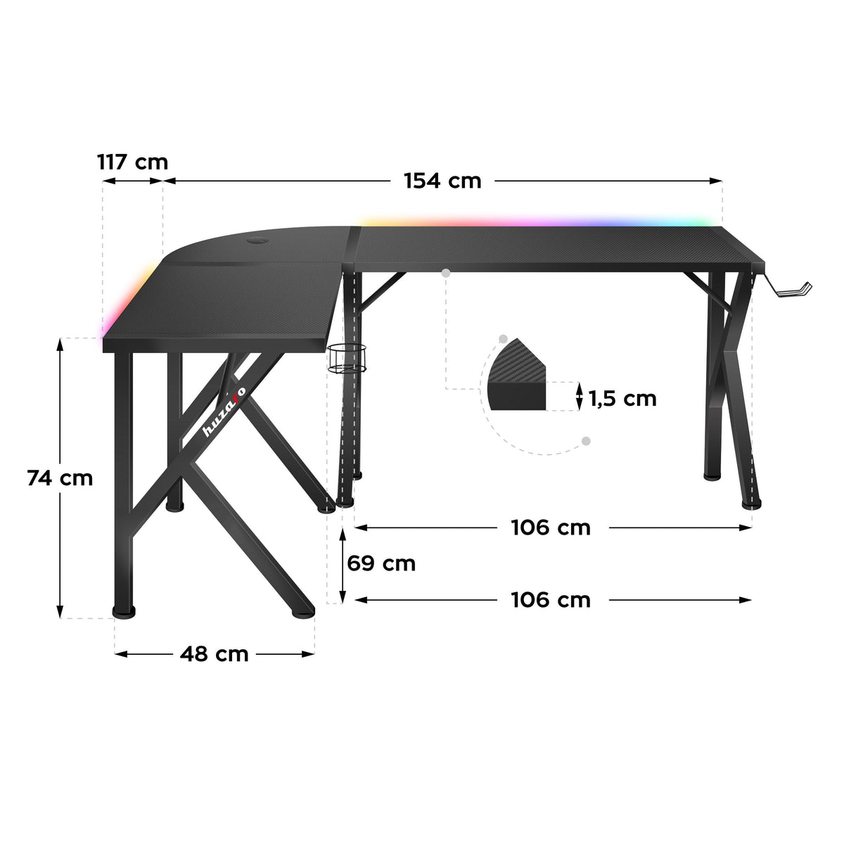 Huzaro Hero 6.3 RGB Black 154 cm corner gaming desk