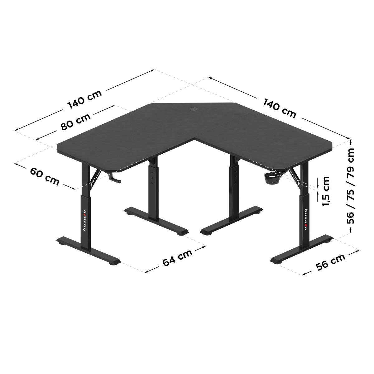 Huzaro Hero 7.3 Black height-adjustable corner gaming desk