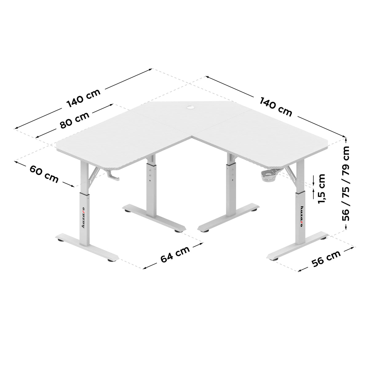 Huzaro Hero 7.3 White height-adjustable corner gaming desk