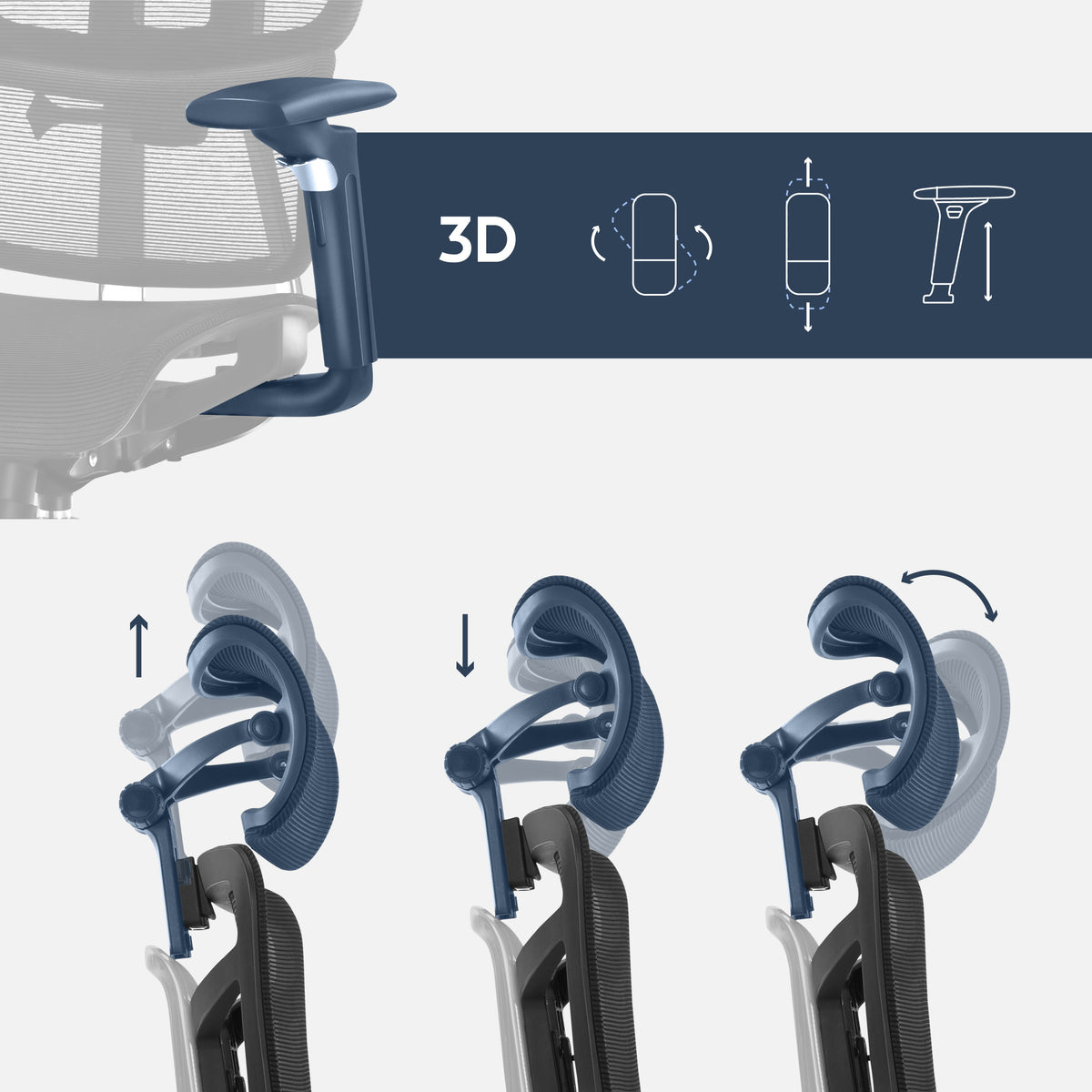 Adjustable armrests and a 3D-adjustable headrest