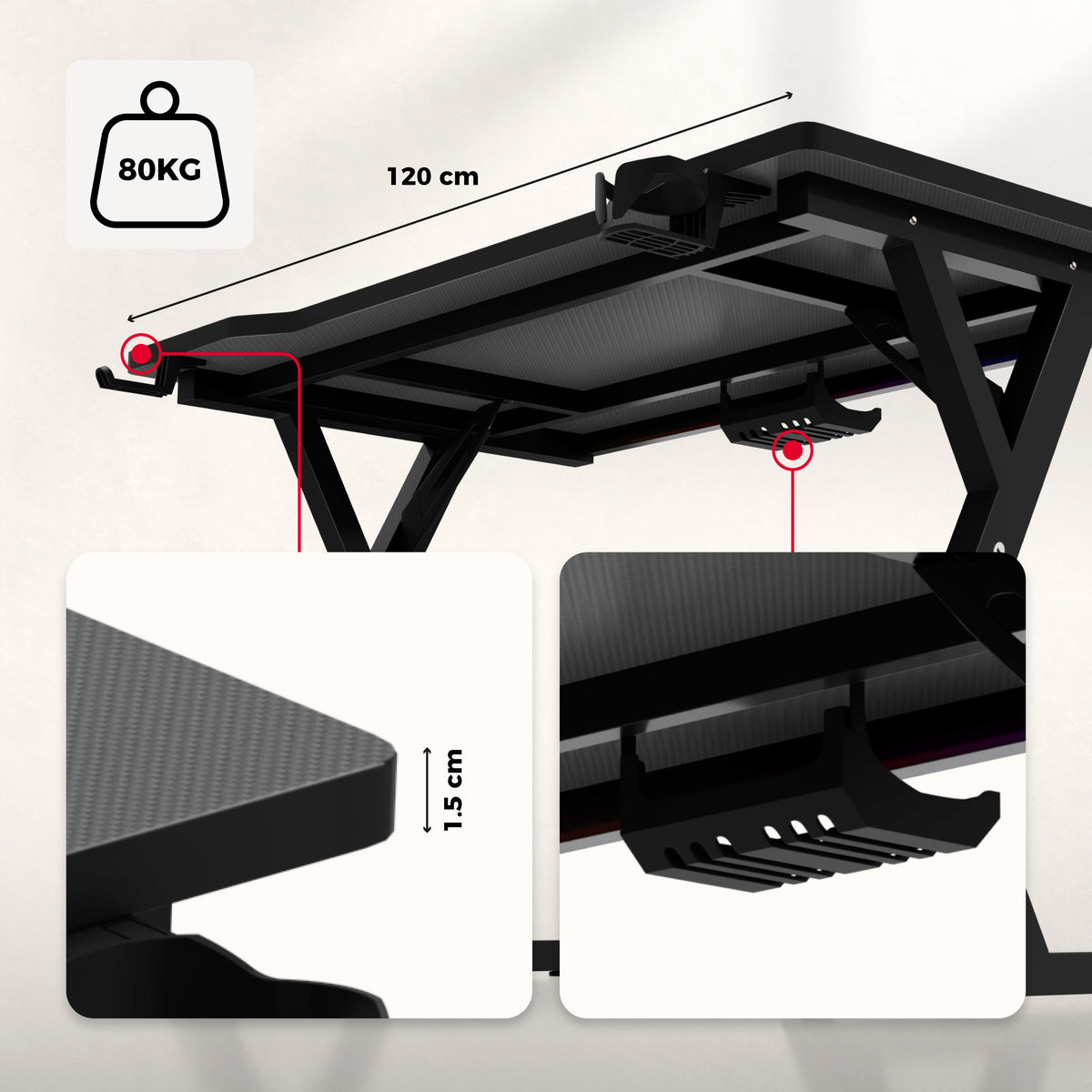 Huzaro Hero 2.4 RGB Black gaming desk with LED lighting