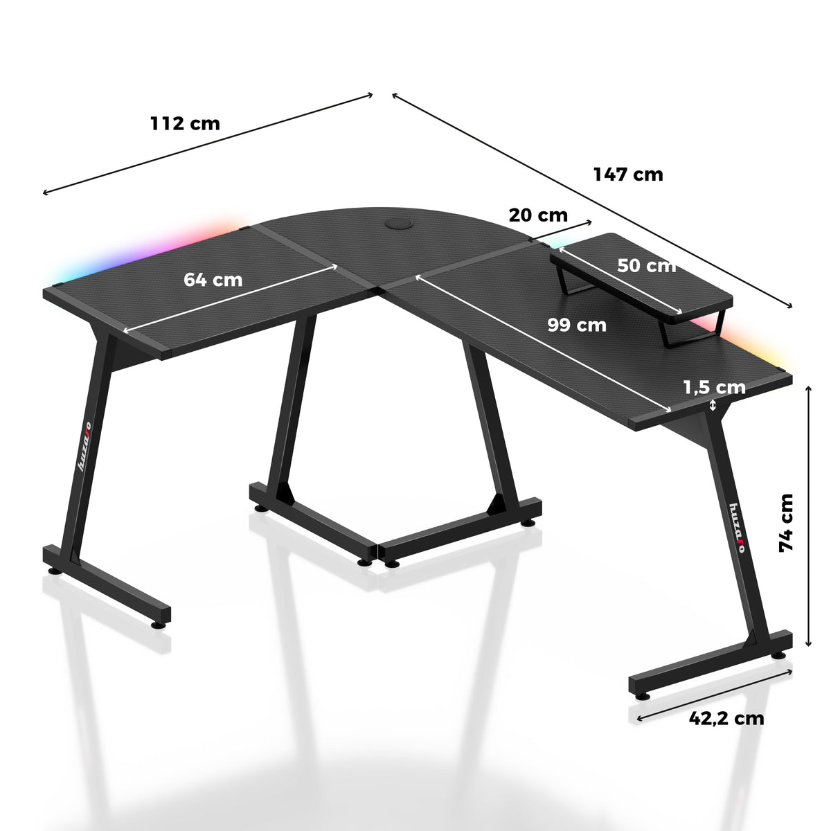 HUZARO Hero 6.0 RGB Smart Black 147 cm corner gaming desk