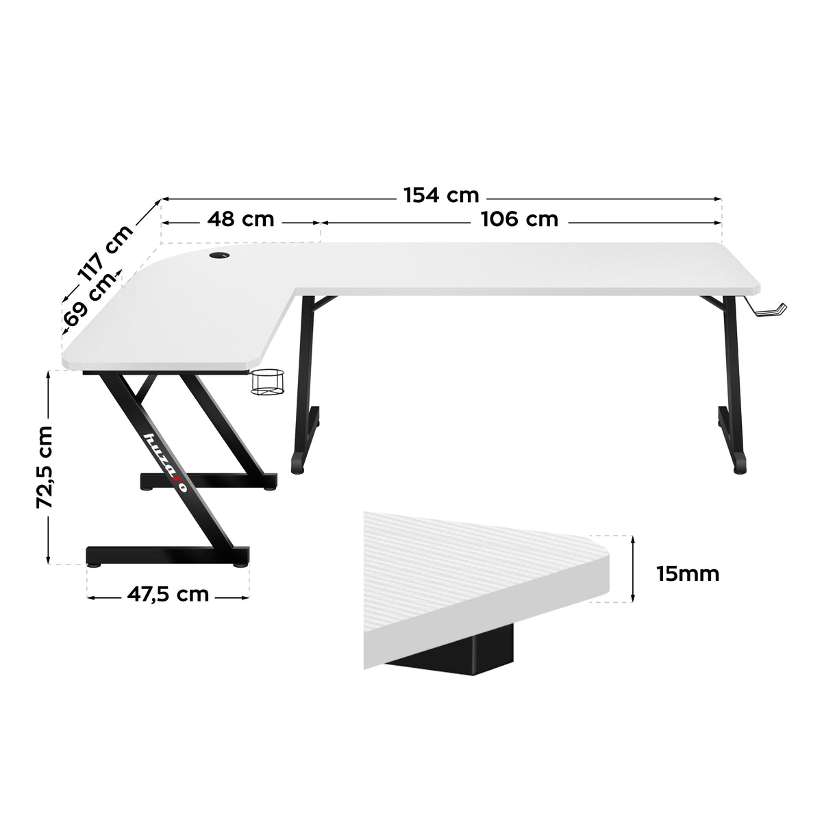 Huzaro Hero 7.0 White 154 cm Corner Gaming Desk