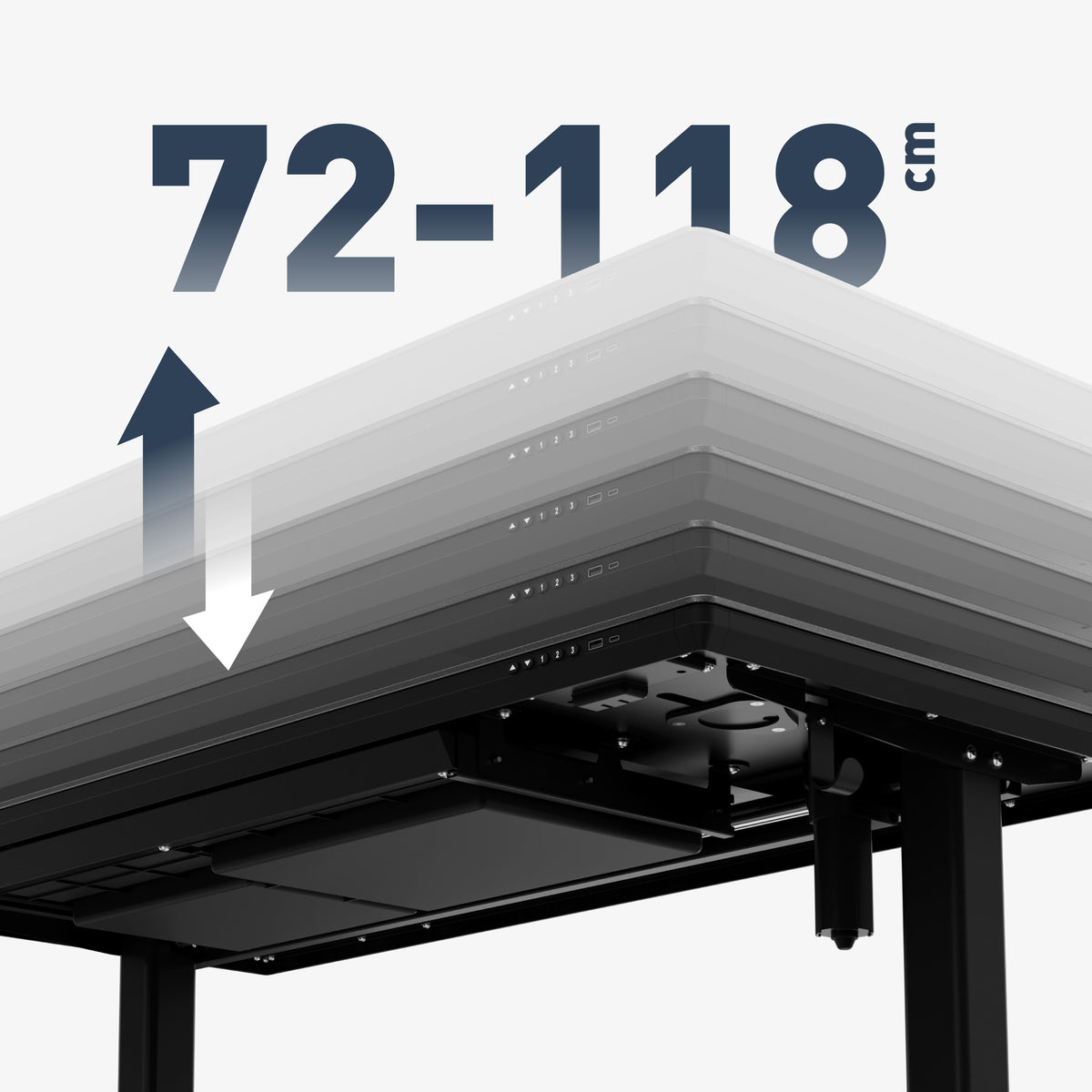 Smooth electric height adjustment: 72–118 cm